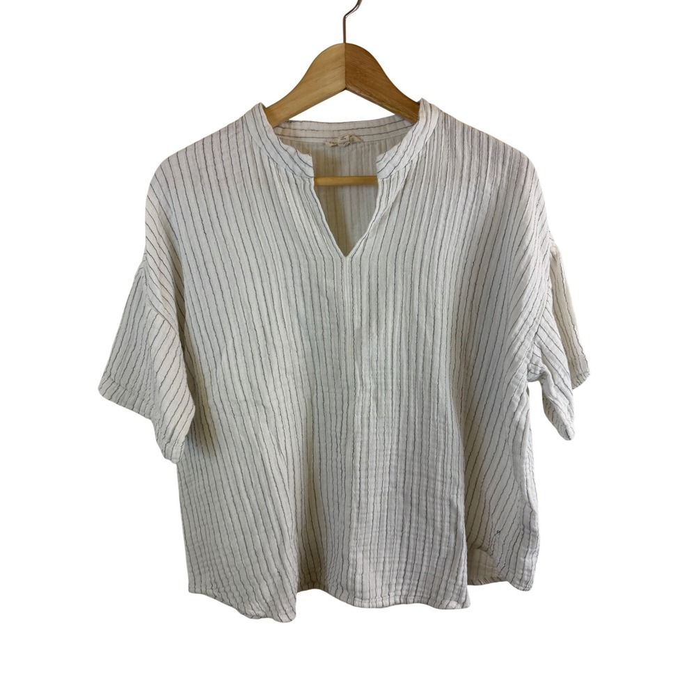 Eileen Fisher Striped Cotton Gauze Top Womens M White Black V-Neck Short Sleeve
